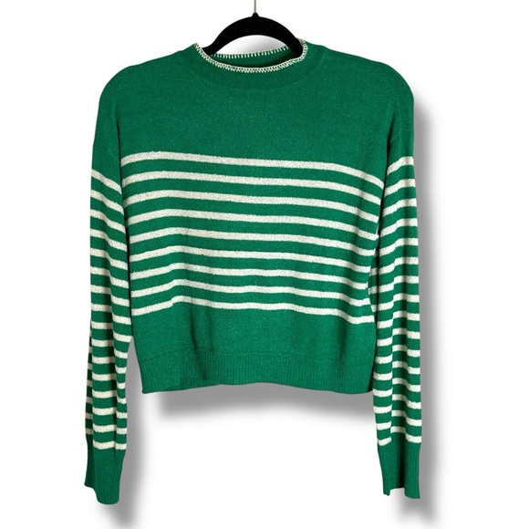 NWT Monrow Boucle Knit Stripe Sweater in Parsley & Cream Size Small - Picture 1 of 7